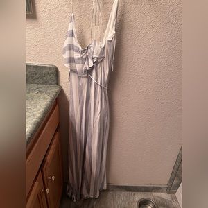 LUXXEL navy blue and white high low wrap dress with back detail